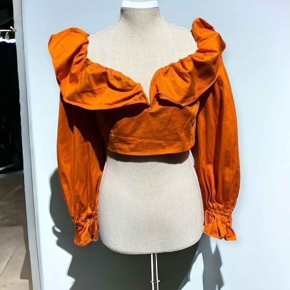 🌻Zerina Akers x Bar III Orange Ruffled Cropped Top Size XL - Picture 2 of 11